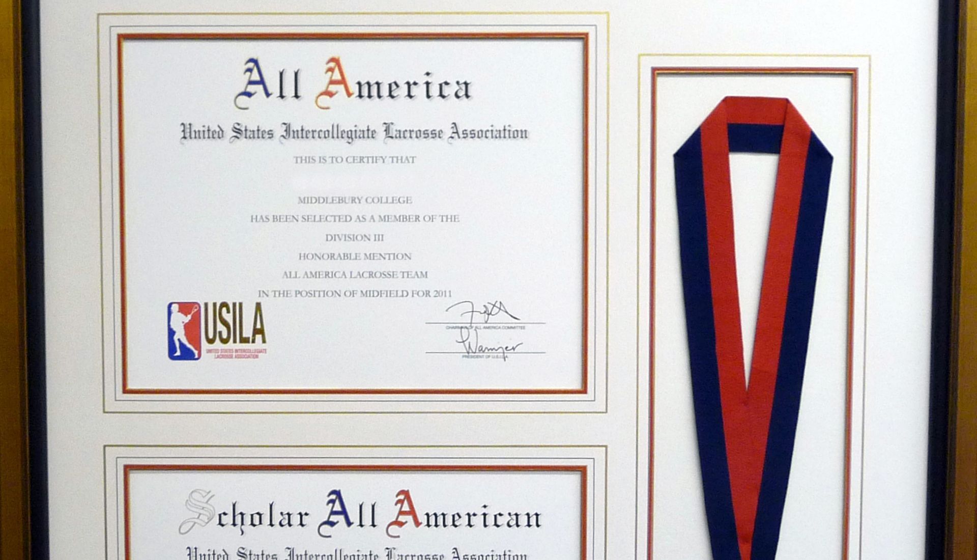 Framed All America certificates beside a red, white, and blue ribbon medal display