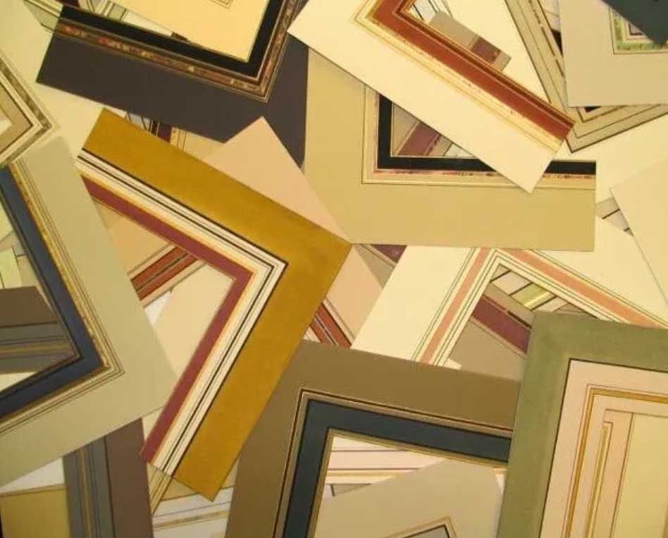 A collage of various colorful picture frame corners and matting samples in earth tones and neutral colors.
