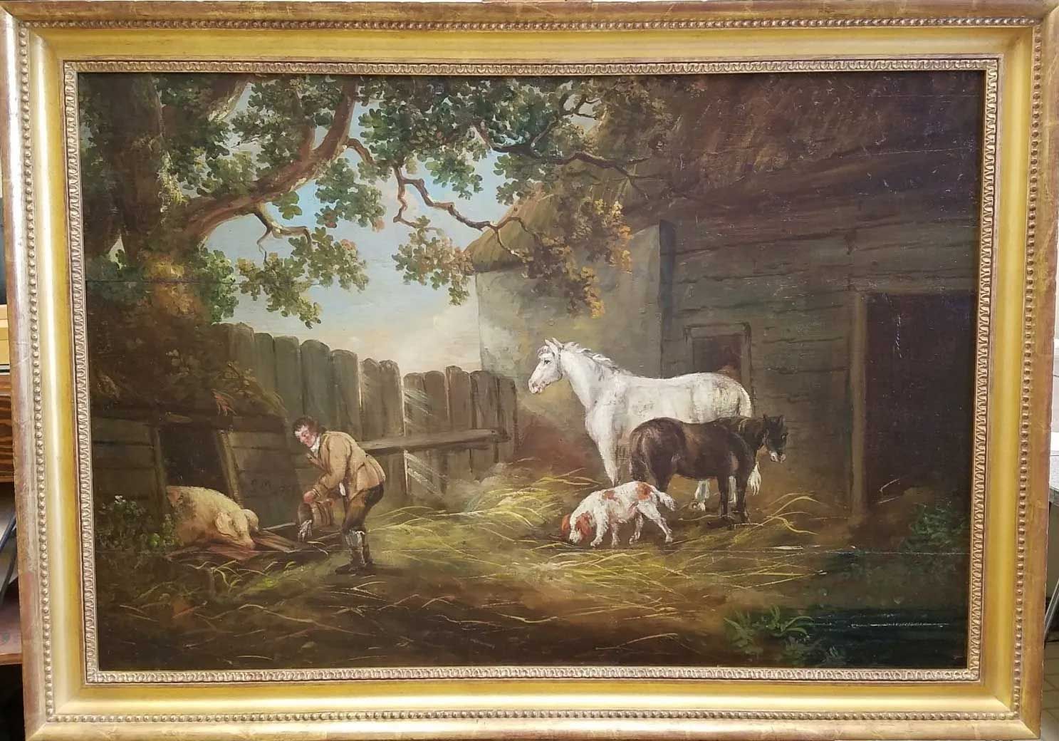 Oil painting of a stable yard with two horses, a dog, and a person tending to livestock near a wooden building.