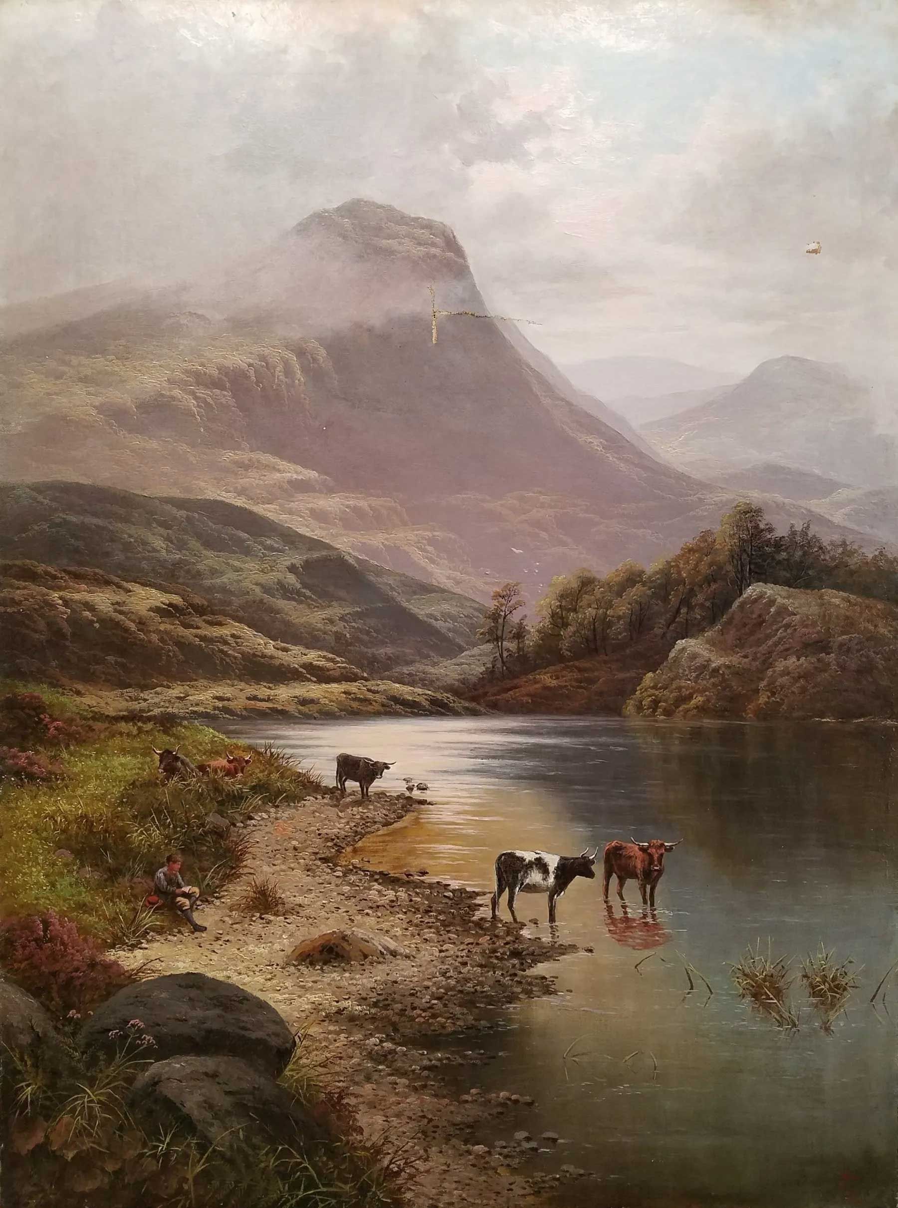 Cattle stand by a lake shore beneath a misty, towering mountain in a serene landscape painting.