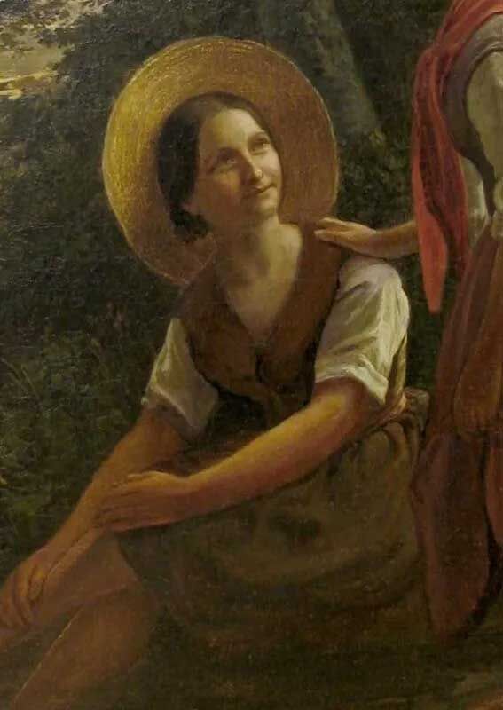 A person in a straw hat and rustic clothing looks up while another hand rests on their shoulder in a soft, painted scene.