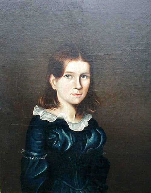 A painting of a person with brown hair in a dark blue, long-sleeved dress with a white ruffled collar against a dark background.