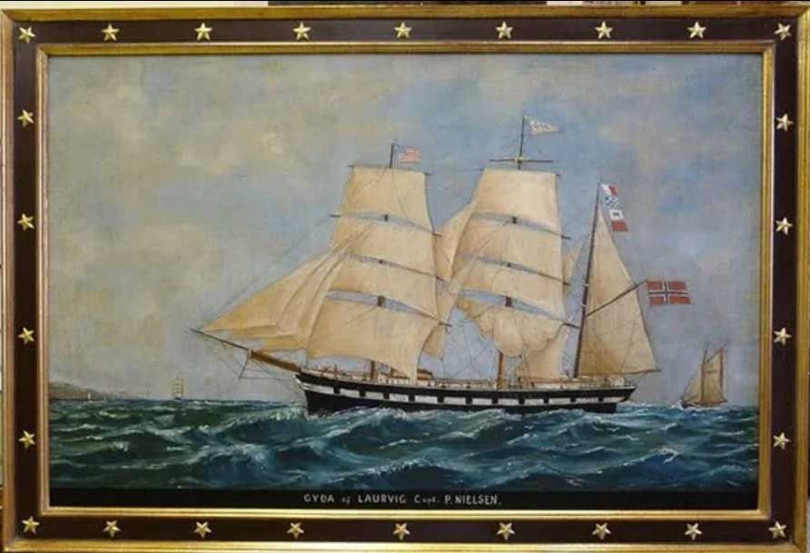 An oil painting of the brig Cusa at sea, with white sails, a dark hull, and a decorative frame featuring golden stars.