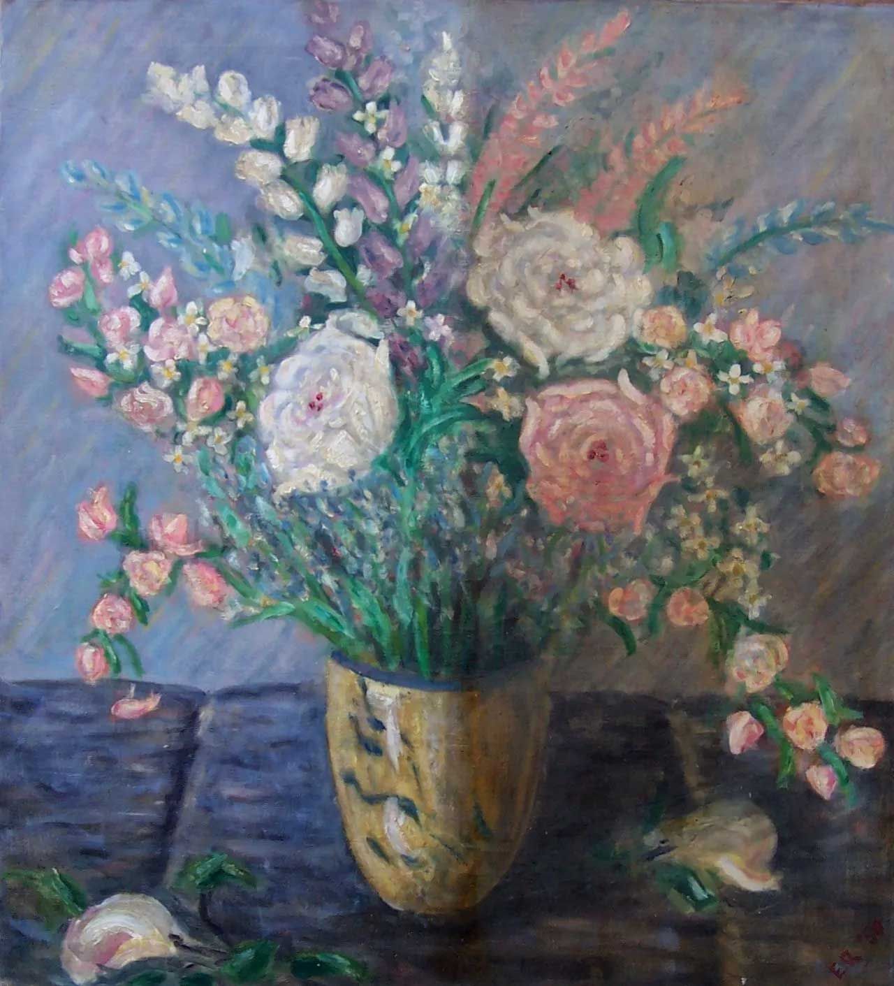 An oil painting of a bouquet with white and pink roses in a golden vase on a dark table against a soft blue background.
