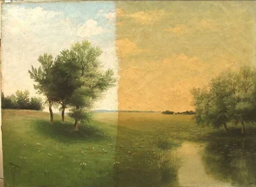 An oil landscape painting shown during cleaning, with the left side bright and restored and the right side yellowed with age.