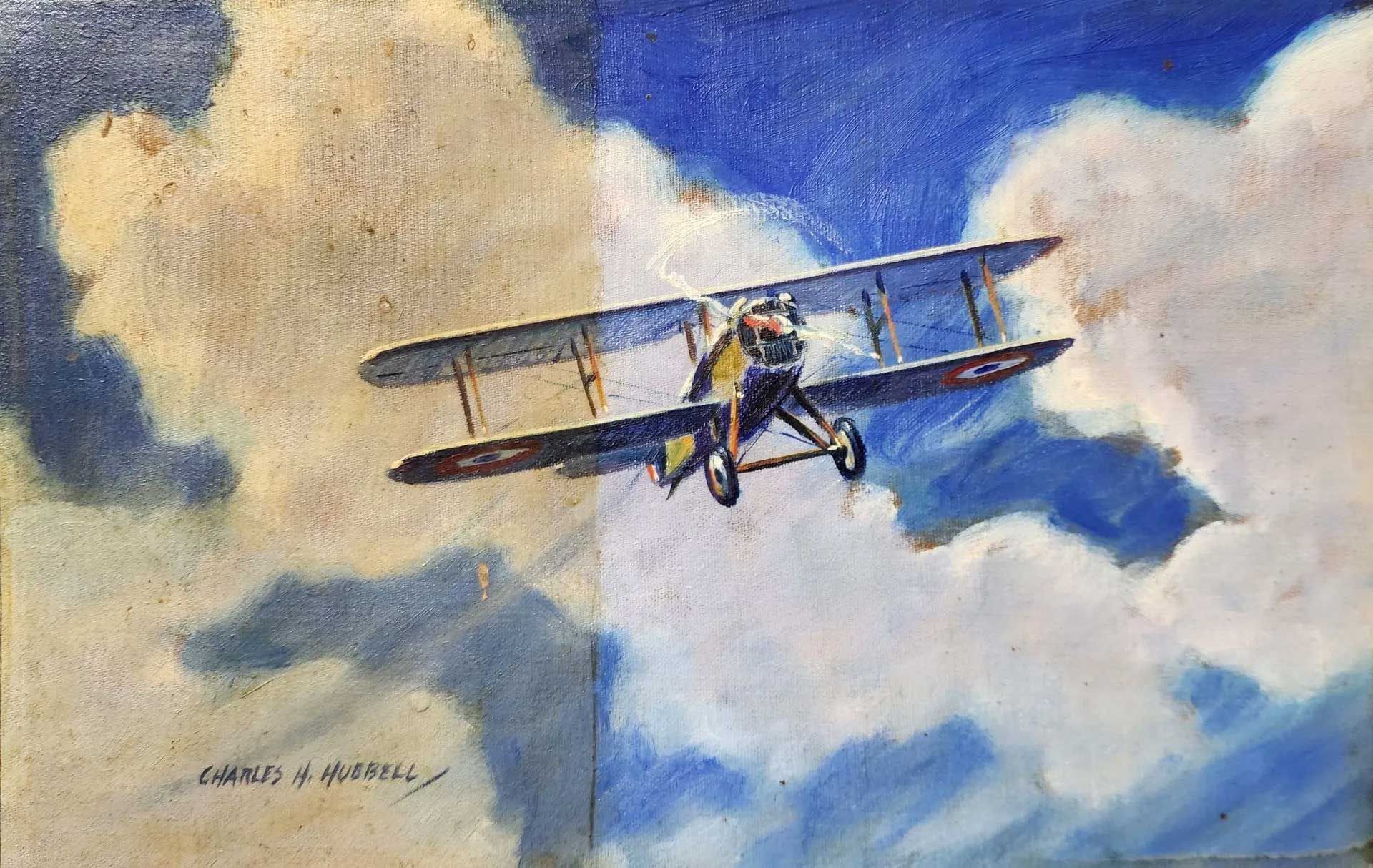 An oil painting of a vintage biplane flying through a bright blue sky filled with large, fluffy white clouds.