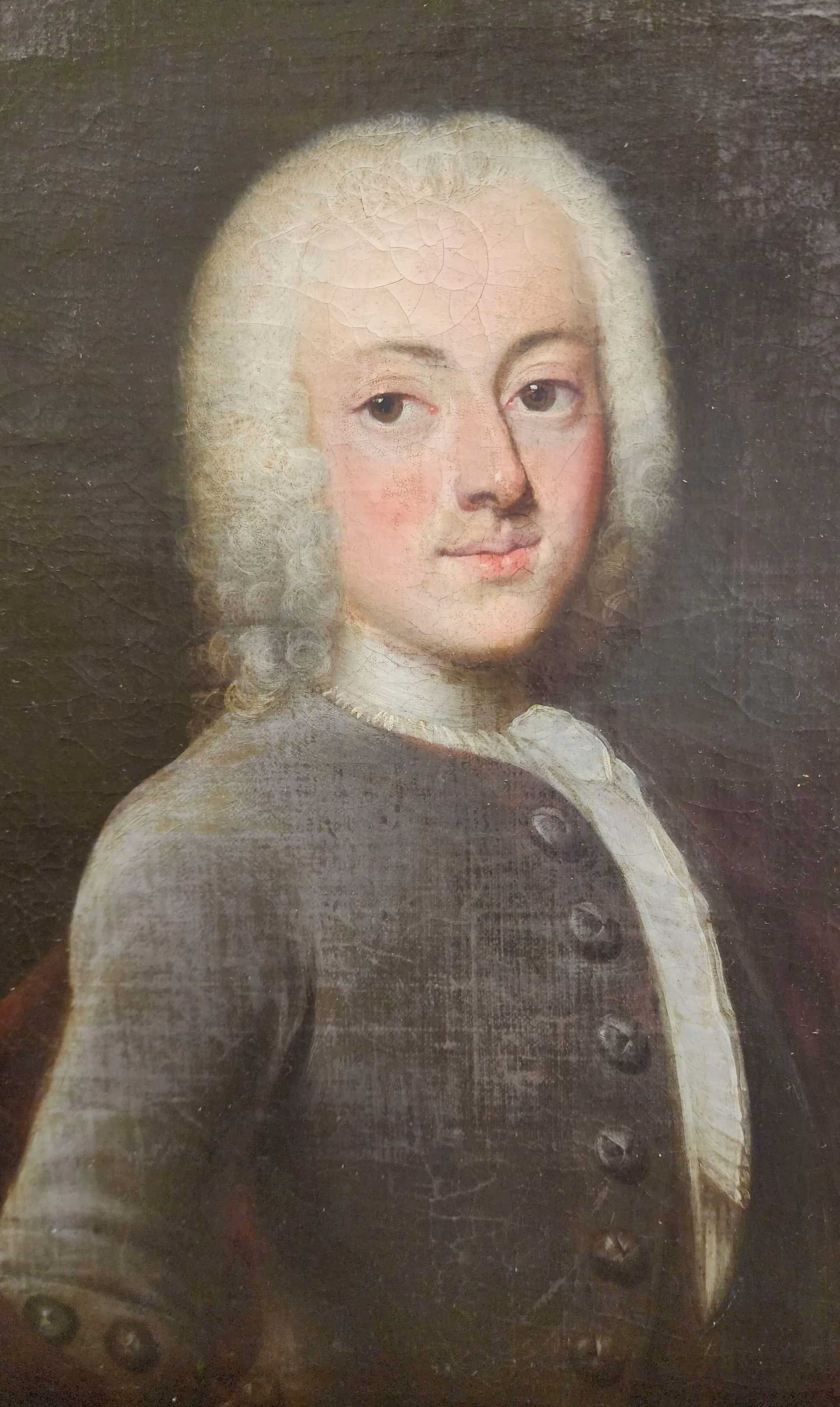 An oil painting of a person with powdered hair, wearing a grey coat with buttons and a white cravat against a dark background.