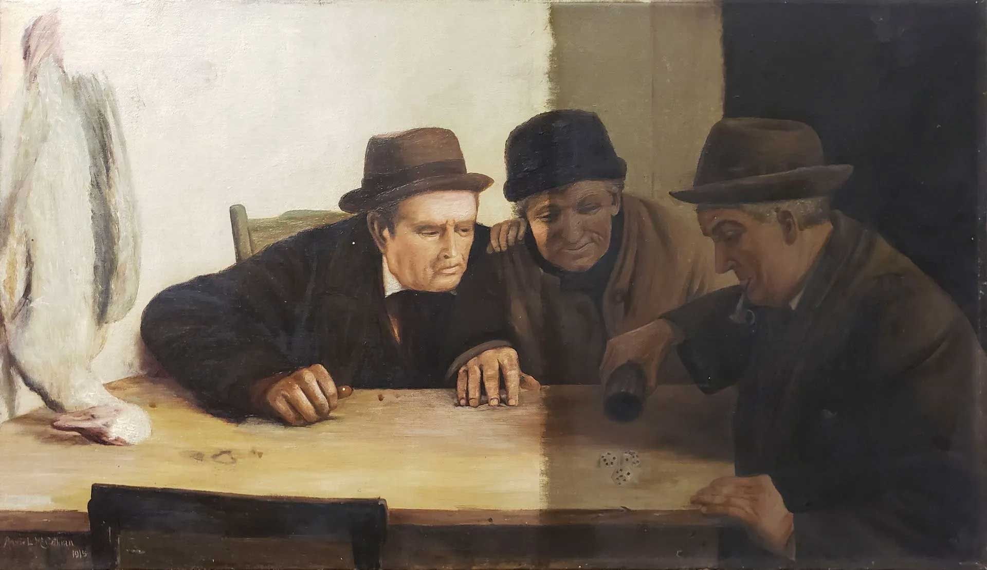 Three individuals in hats sit around a wooden table, focusing on a game with small objects in a dim, rustic setting.