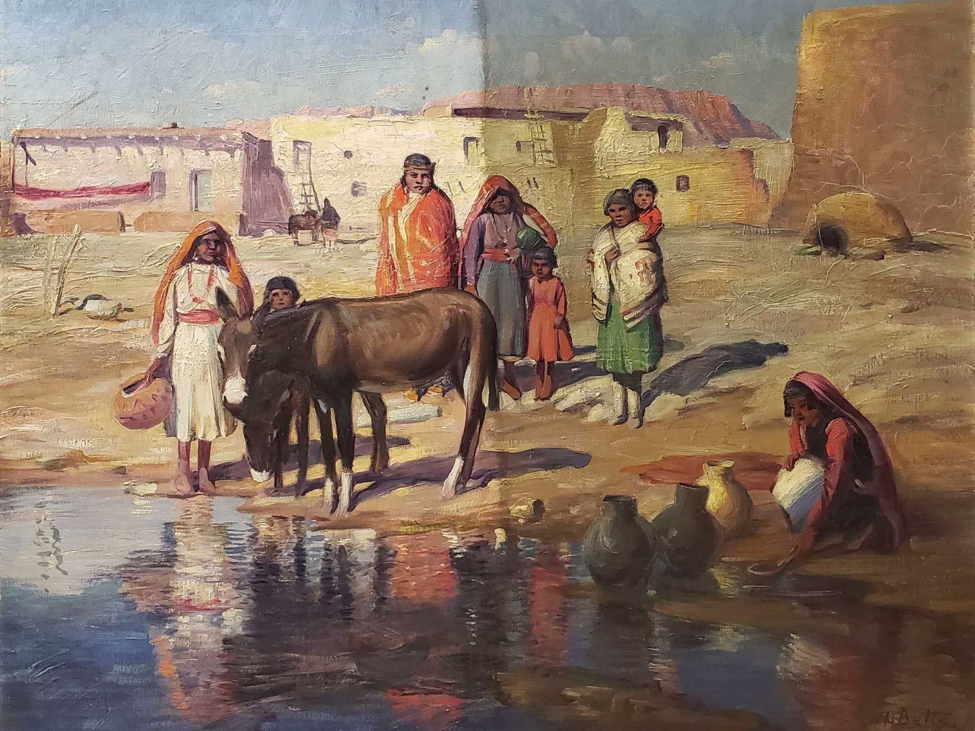People and a donkey near a pool of water in a sunlit, desert village setting with adobe structures.