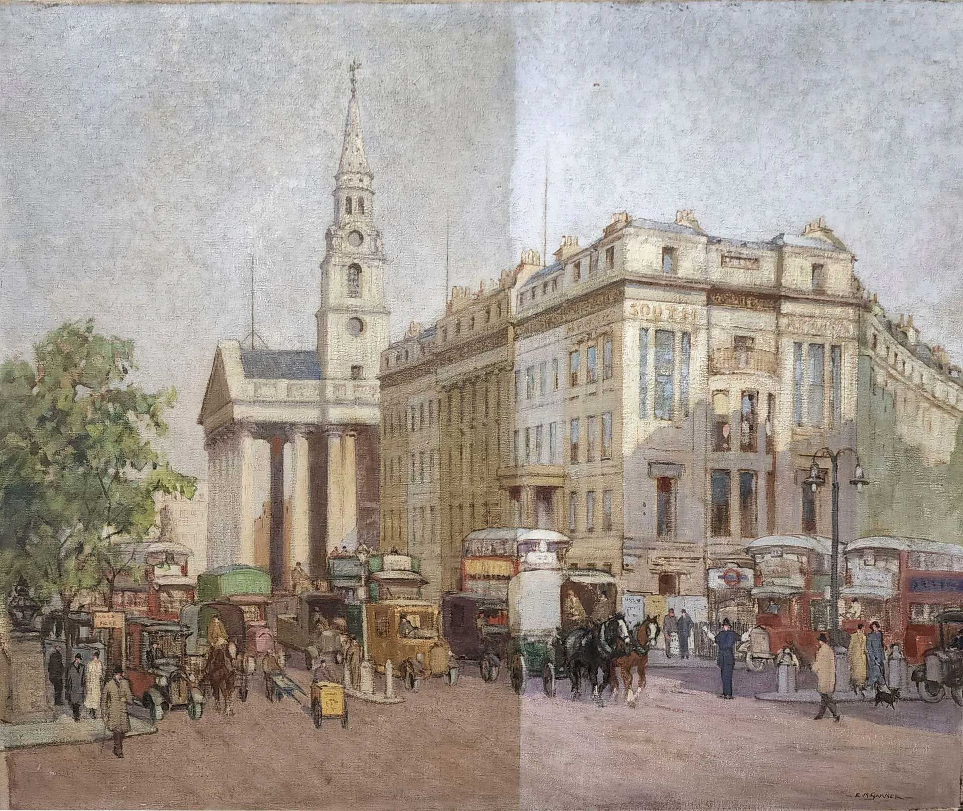 An impressionistic oil painting of a busy London street scene with a church spire, horse-drawn carriages, and buses.