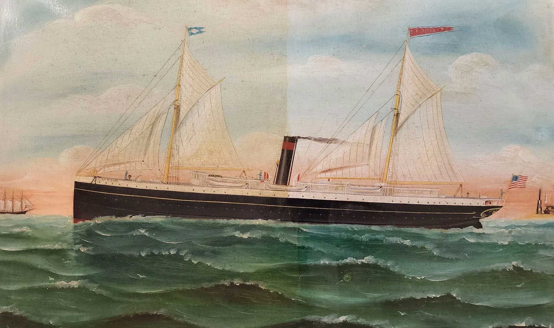 A watercolor painting of a black-hulled steamship with two masts sailing on choppy water under a soft, clouded sky.