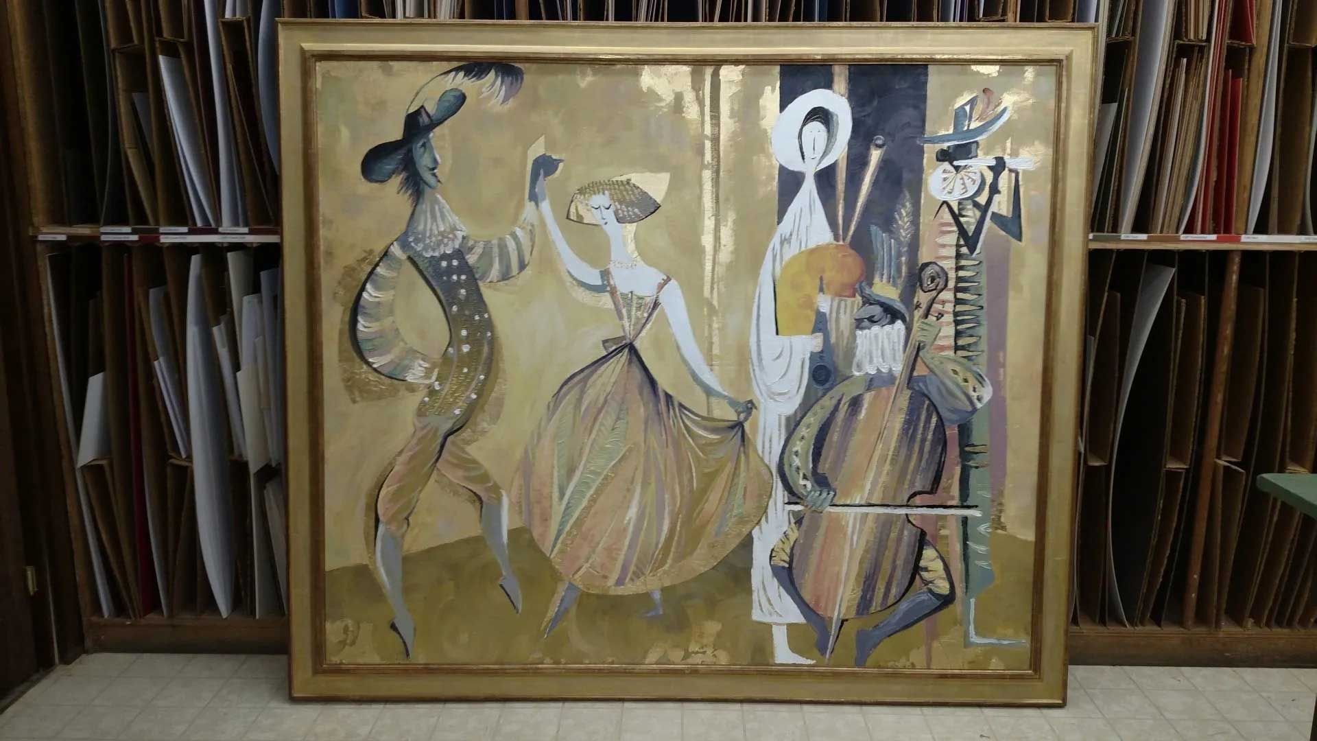 A mid-century modern painting features stylized figures dancing and playing music in muted gold and earth tones.