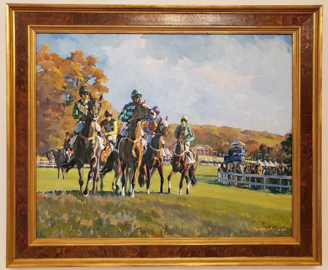An oil painting shows jockeys on horseback lining up on a green field before a race, with trees in the background.