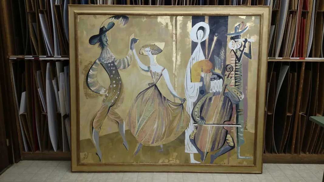 A painting of five figures in theatrical costumes, including dancers and musicians, rendered in a muted, golden palette.