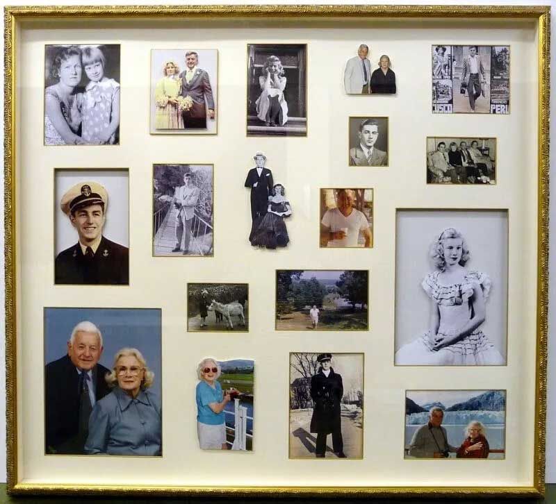 A large gold-framed collage displaying various vintage black-and-white and color portrait and candid photographs.