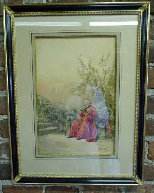 A framed watercolor of a person in a red clerical robe sitting on a stone bench reading in a garden.