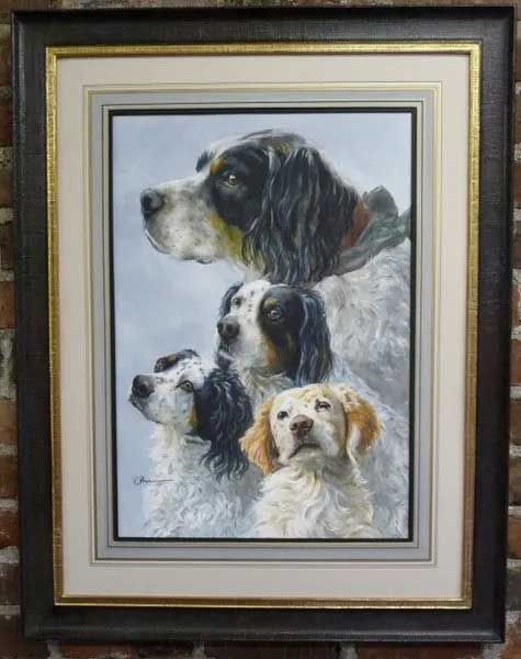 A framed oil painting featuring four English Setter dogs stacked vertically against a soft, pale background.