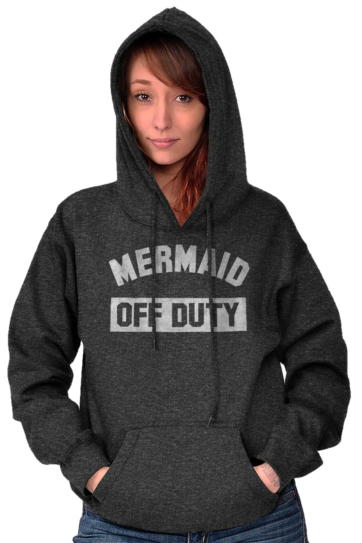 A woman wearing a hoodie that says mermaid off duty