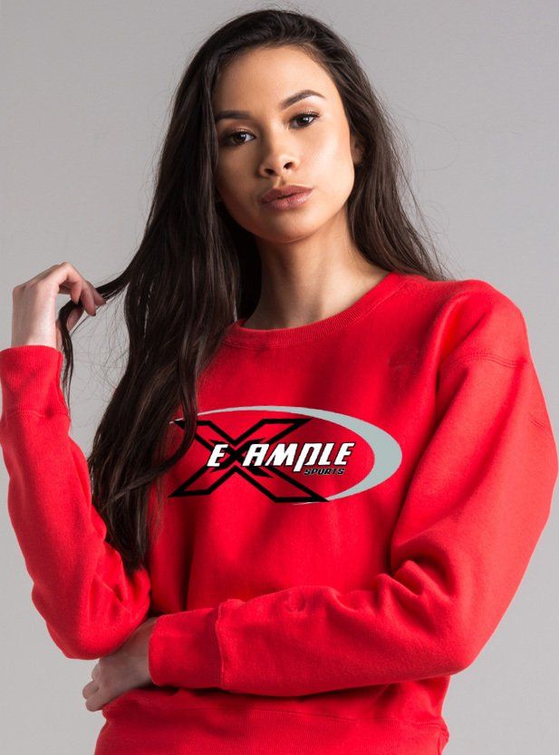 A woman is wearing a red example sweatshirt