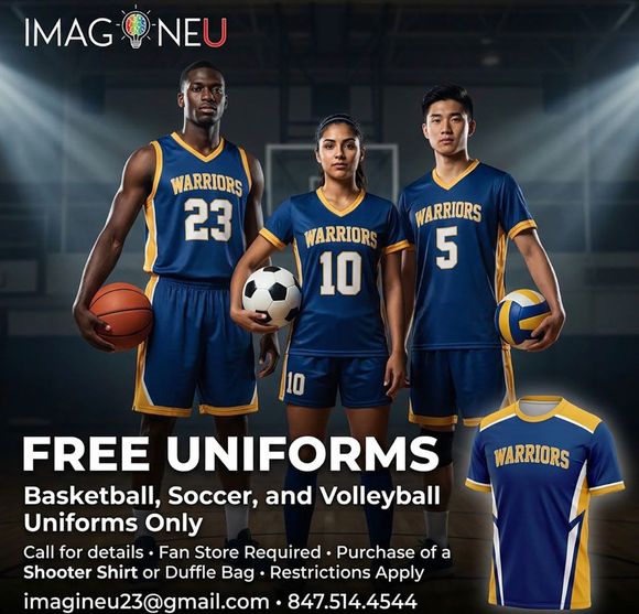 Basketball, soccer, and volleyball uniforms ad with three athletes in blue jerseys.