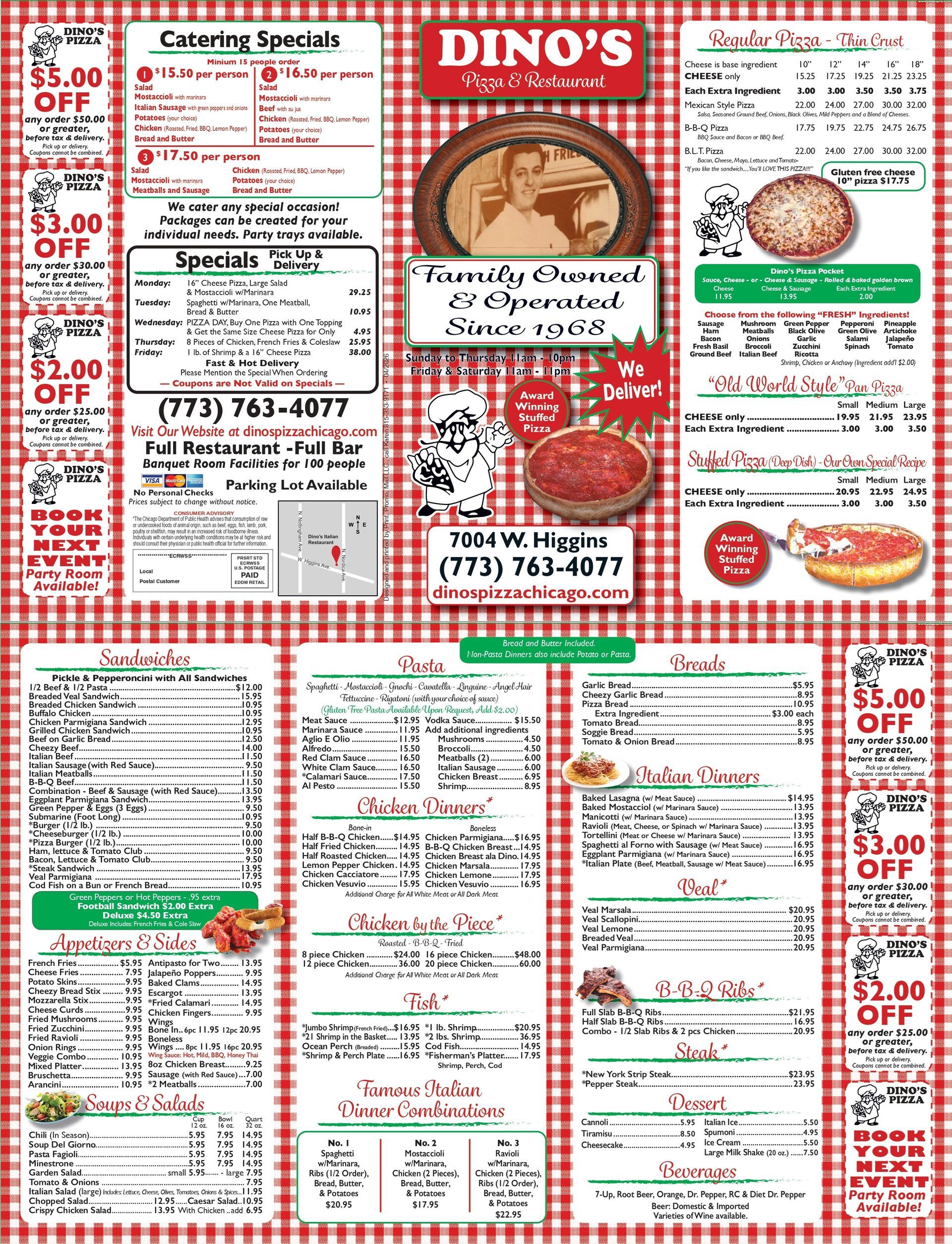 Red-and-white checkered DINO'S pizzeria menu with food photos, prices, and specials.
