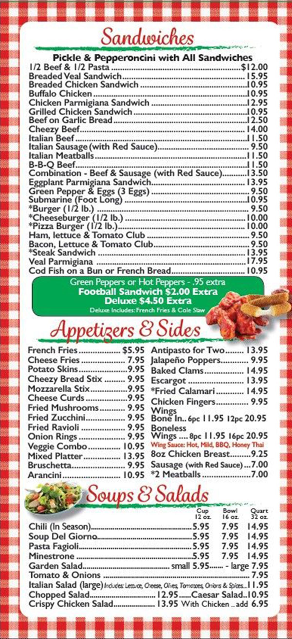 Carry-out menu with sections for sandwiches, appetizers and sides, and soups and salads