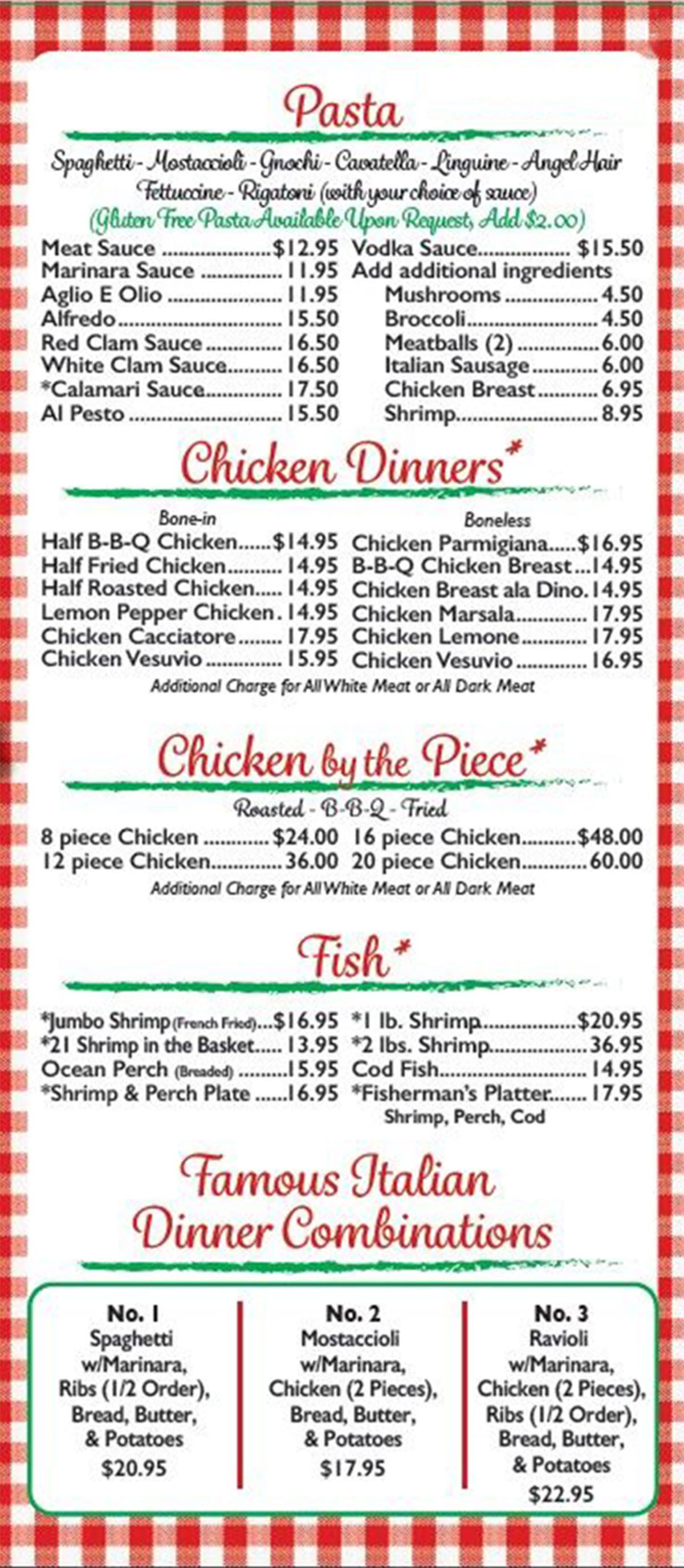 Carry-out menu with sections for pasta, chicken, fish, and dinner combinations