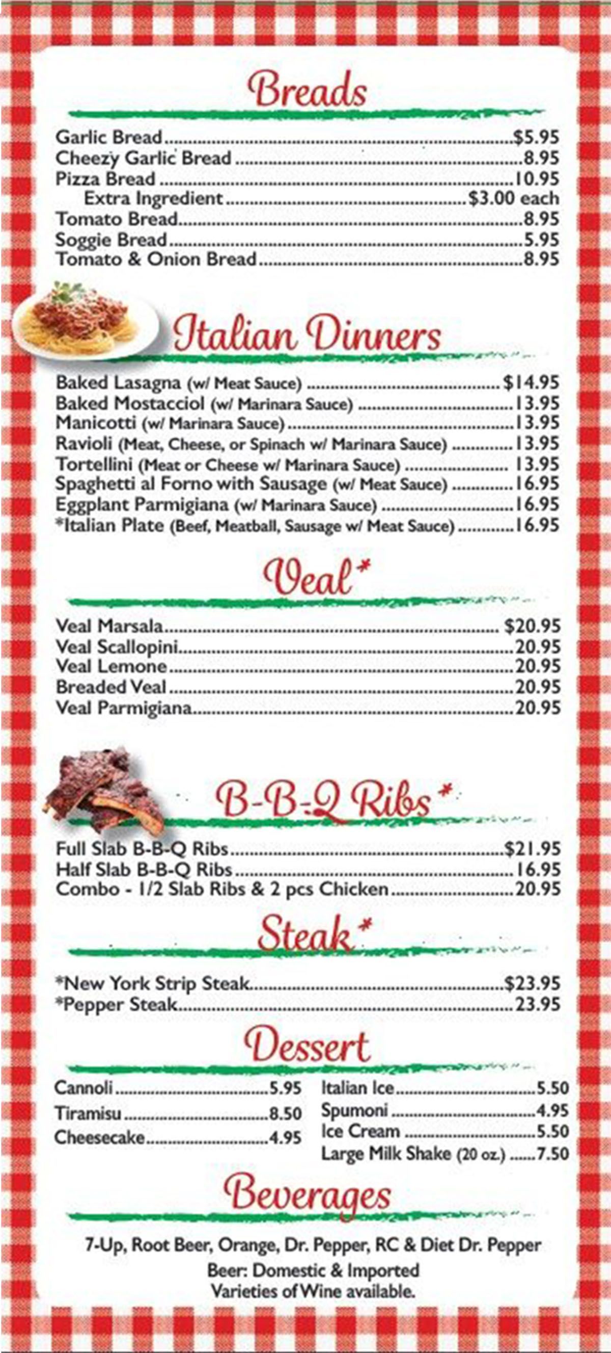 Carry-out menu with sections for bread, Italian dinners, veal, BBQ ribs, steak, dessert, and beverages