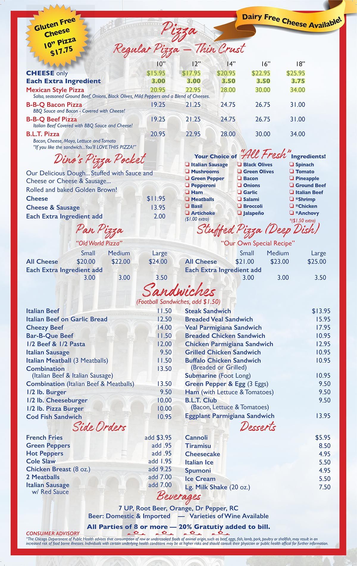 Dine-in menu with sections for pizza, sandwiches, side orders, desserts, and beverages