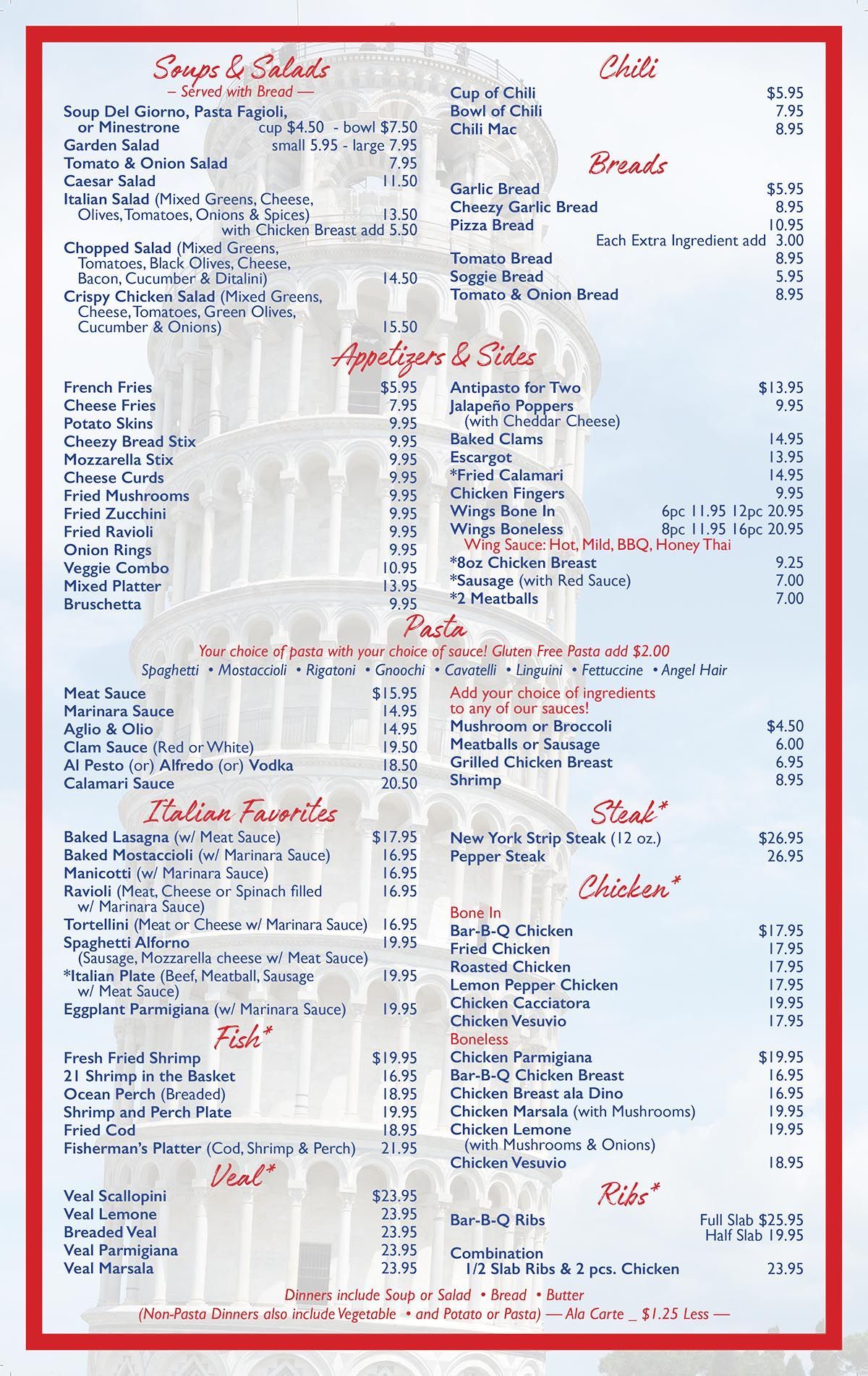 Dine-in menu with sections for soups and salads, chili, breads, appetizers and sides, pasta, Italian favorites, fish, veal, steak, chicken, and ribs