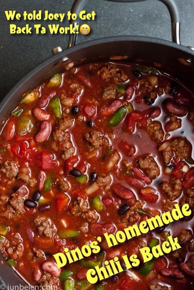Close-up of a pot of homemade chili, with text overlay: 
