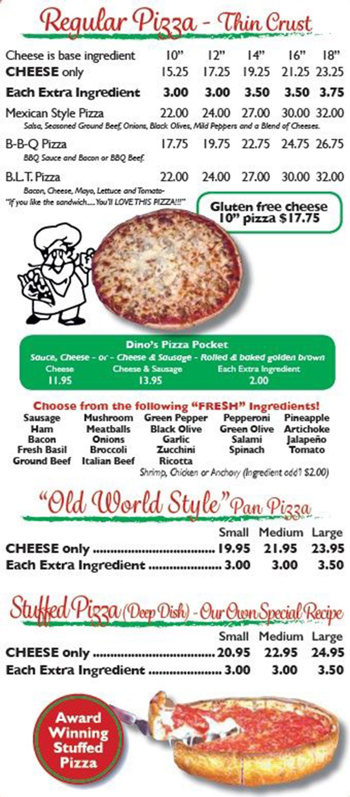 Dine-in pizza menu