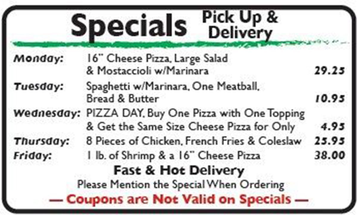 Specials Menu (for Pickup and Delivery)