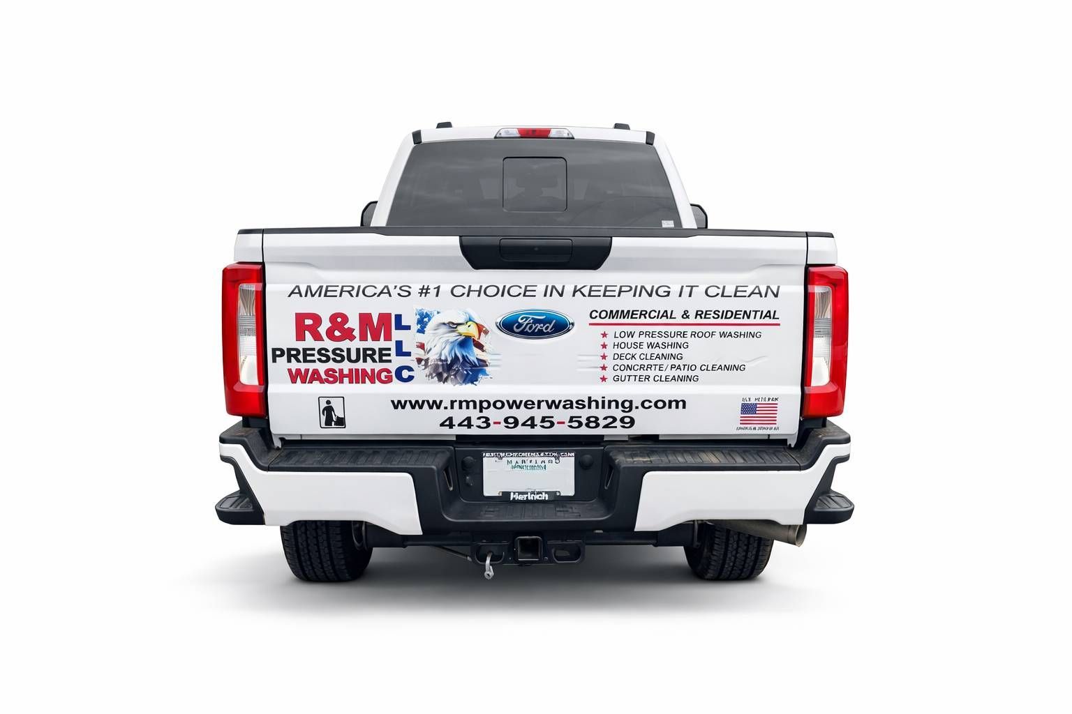 White pickup truck with company logo 