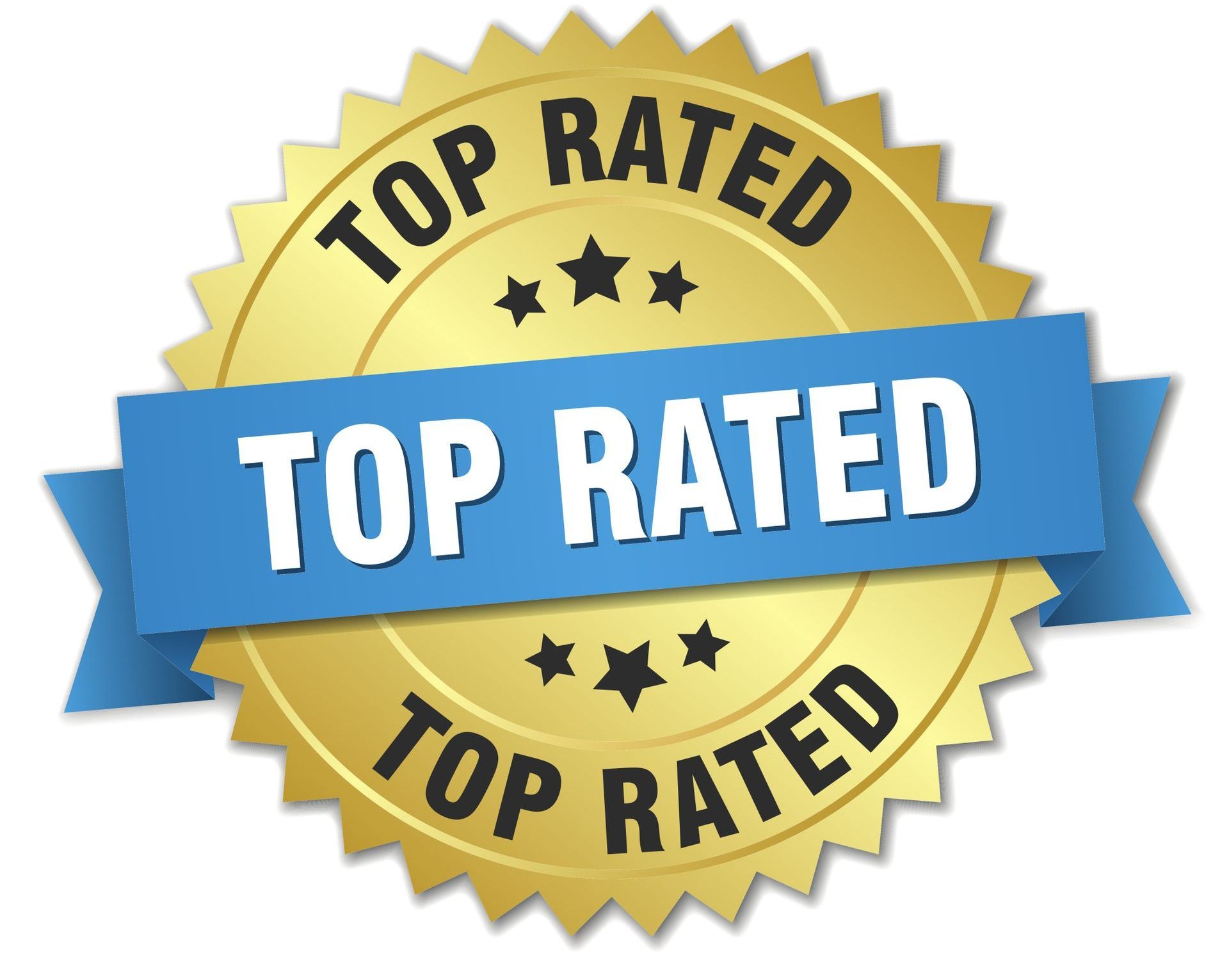 Gold seal with blue banner and text 