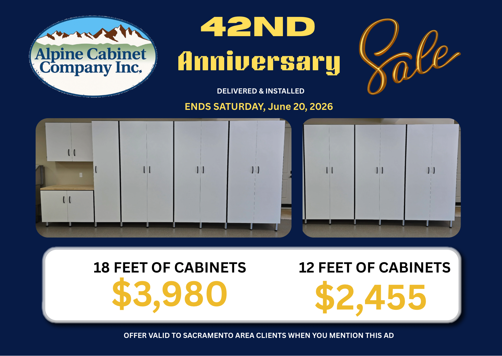 Alpine Cabinet Company 42nd Anniversary Sale ad featuring white cabinets. 18 feet for $3,980, 12 feet for $2,455. Ends 6/30.
