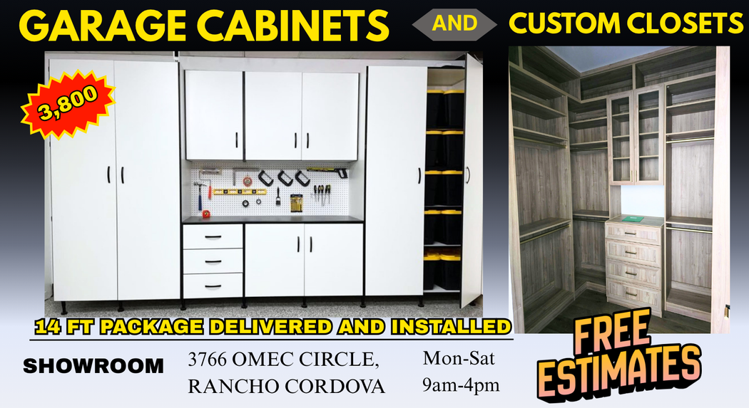 Garage Cabinet ad for cabinets: 14 ft for $3800 delivered and installed.