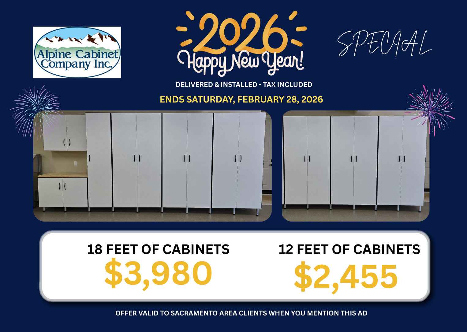 Happy New Year! 2026 Specials - Delivered and installed - tax included. Ends Saturday, February 28, 2025.  