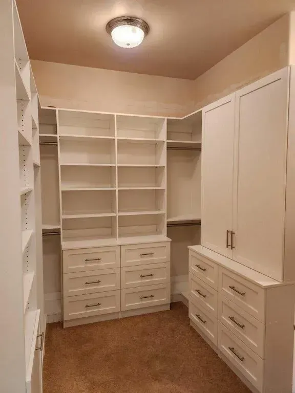 White custom closet with shelves, drawers, and hanging rods. Brown carpet, tan walls, and a ceiling light.