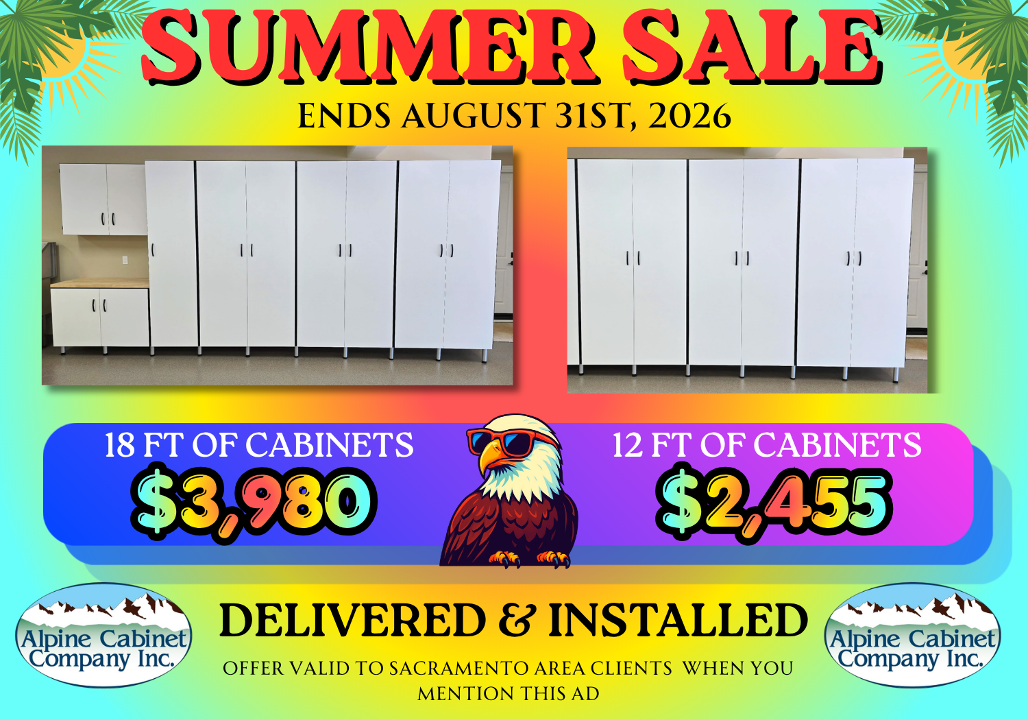 Summer sale ad for white cabinets, offering 18 ft for $3,980 and 12 ft for $2,455, delivered and installed.