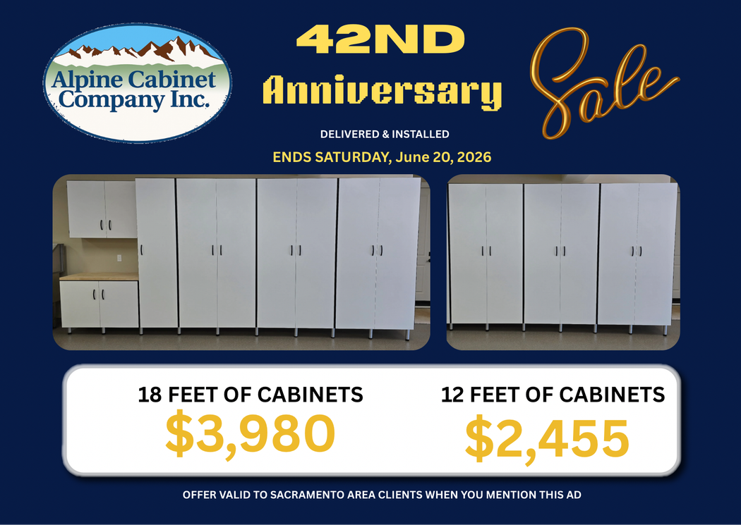 Alpine Cabinet Company 42nd Anniversary sale flyer featuring white garage cabinet packages for $3,980 (18ft) and $2,455 (12ft).