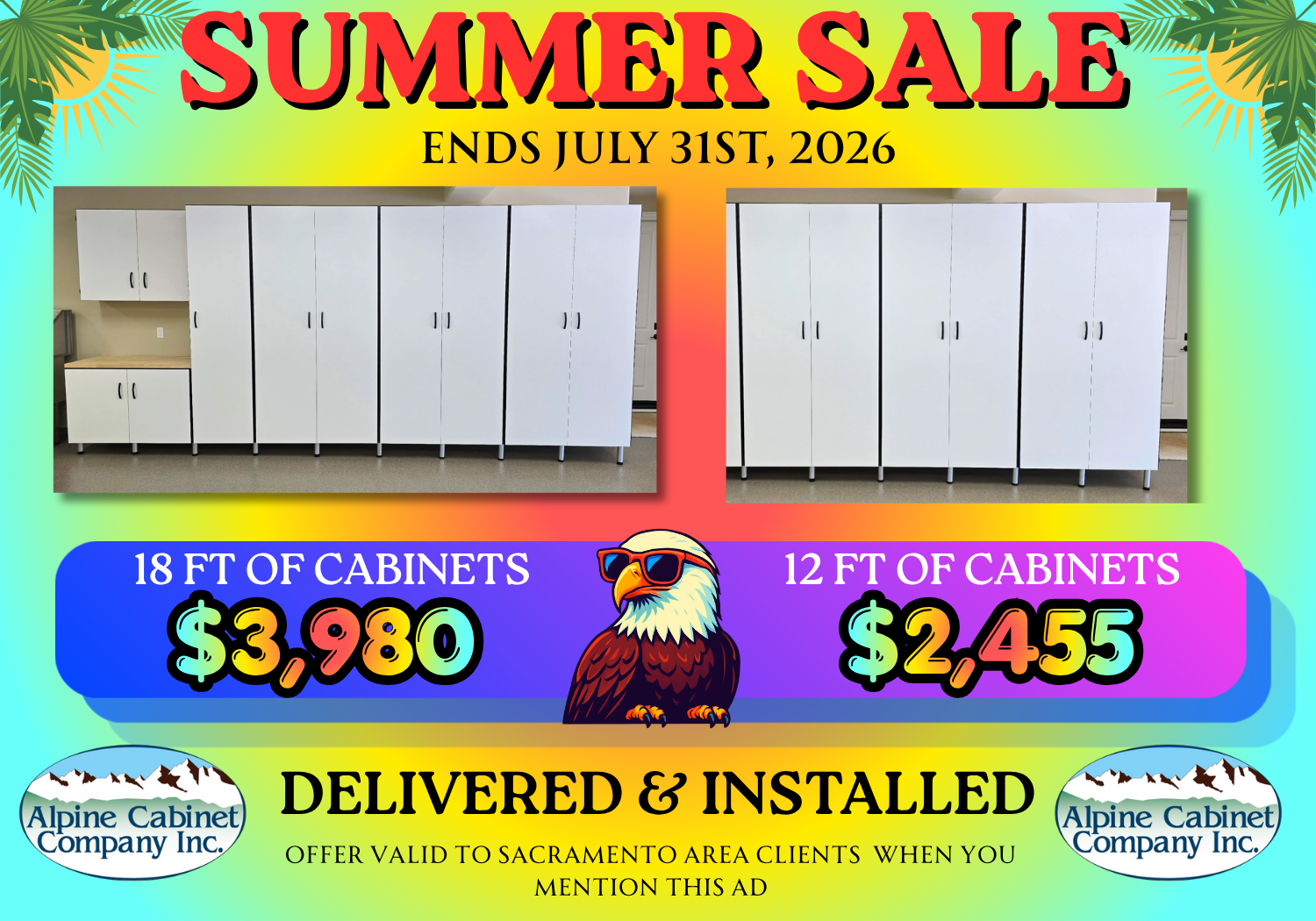 Summer sale ad for cabinets: 18 ft for $3,980, 12 ft for $2,455, delivered and installed.
