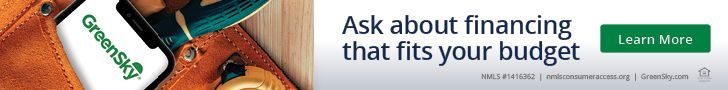 A construction toolbox with a “GreenSky” tag, promoting financing options. Green “Learn More” button on the right.
