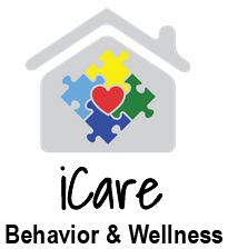 A logo for icare behavior and wellness with a house and puzzle pieces.
