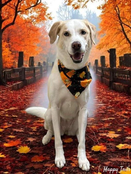 A dog wearing a scarf is sitting in a field of leaves