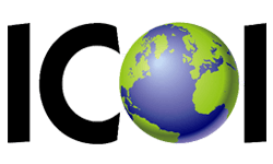 ICOL logo with black letters flanking a green and blue globe.