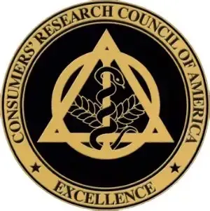 Consumers' Research Council of America seal. Black and gold, with a central snake and triangle symbol. 