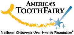 America's Tooth Fairy logo: Text and a gold trail with a blue wand and stars. 