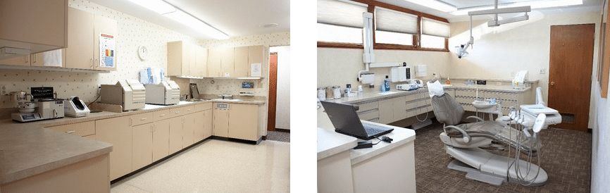 Two dentist office rooms: a lab with cabinets and equipment and a treatment room with a dental chair.