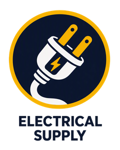 Electrical supply logo with a white and yellow plug icon on a dark blue circle
